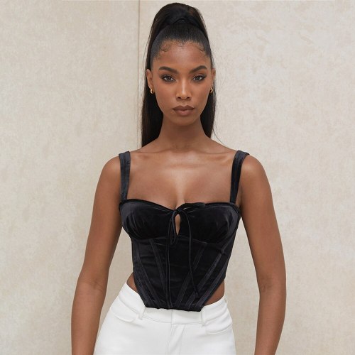 Cryptographic Vintage Fashion Black Velvet Cupped Corset Top Women Backless Crop Tops Vest Party Clubwear Sleeveless Tops Fall