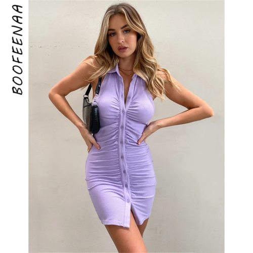 BOOFEENAA Knitted Dress Sexy Backless Sleeveless Button Down Halter Mini Dress Classy Vacation Club Outfits for Women C92-CE22
