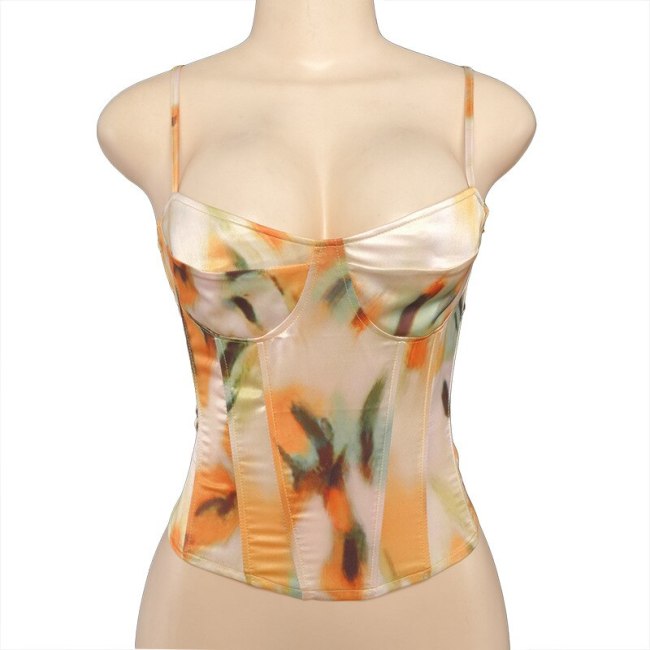 BOOFEENAA Yellow Tie Dye Printed Fashion Corset Tops To Wear Out Party Night Club Sexy Vintage Satin Cami Tank Top C85-CZ10