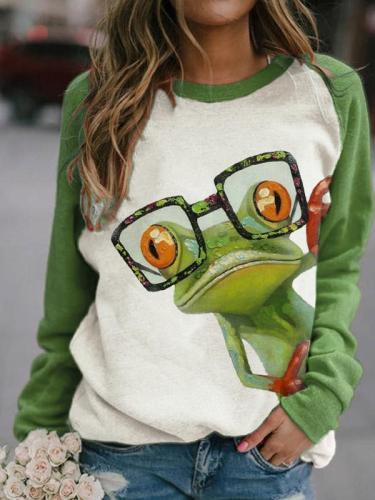 Ladies glasses frog print color block round neck sweatshirts
