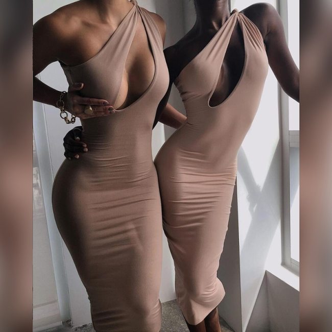 BOOFEENAA Elegant Sexy Solid Midi Dresses for Women Party Club Asymmetric Cut Out One Shoulder Backless Bodycon Dress C83-BB20