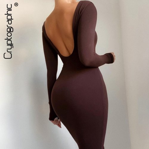 Cryptographic 2021 Spring Sexy Backless Midi Dresses Bodycon Elegant Evening Club Party Birthday Brown Long Sleeve Dress Women