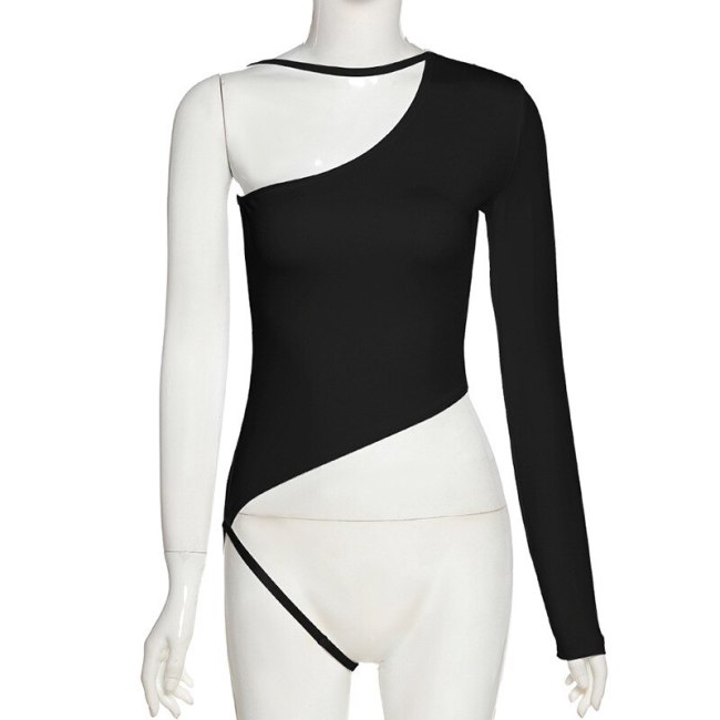 BOOFEENAA Women T Shirt Black White Basics Cute Sexy Fitted Asymmetric One Shoulder Long Sleeve Crop Tops Spring 2021 C71-BZ13