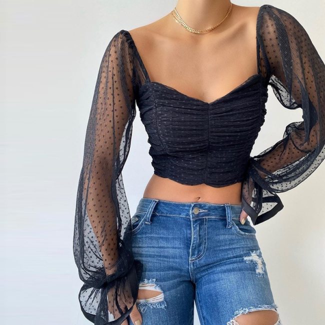 Cryptographic Square Collar Ruched Sexy Blouse Shirts Female See Through Mesh Polka Dot Fashion Long Sleeve Crop Tops Shirt