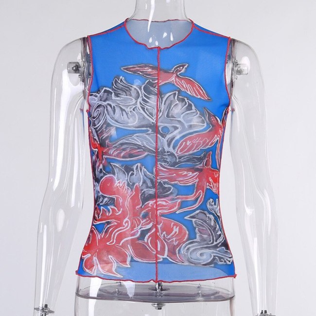 BOOFEENAA Kim Blue Print Aesthetic Sheer Mesh Tank Tops Women 2021 Fashion Sexy Transparent Sleeveless Graphic Tshirts C98-AE10