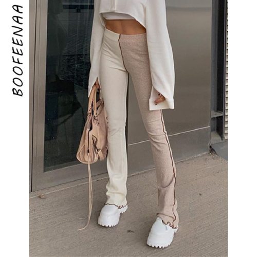 BOOFEENAA Contrast Stitch Patchwork Knitted Flare Pants Y2k Women Clothing High Waist Sweatpants Stretch Skinny Joggers C85-CZ22