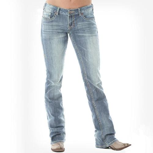 White Barbwire Embroidery Washed Stretch Hip Hugger Bootcut Jeans