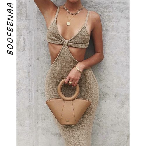 BOOFEENAA Vacation Knitted Maxi Dresses for Women Summer 2021 Elegant Sexy Party Cut Out Backless Bodycon Dress C69-BH27