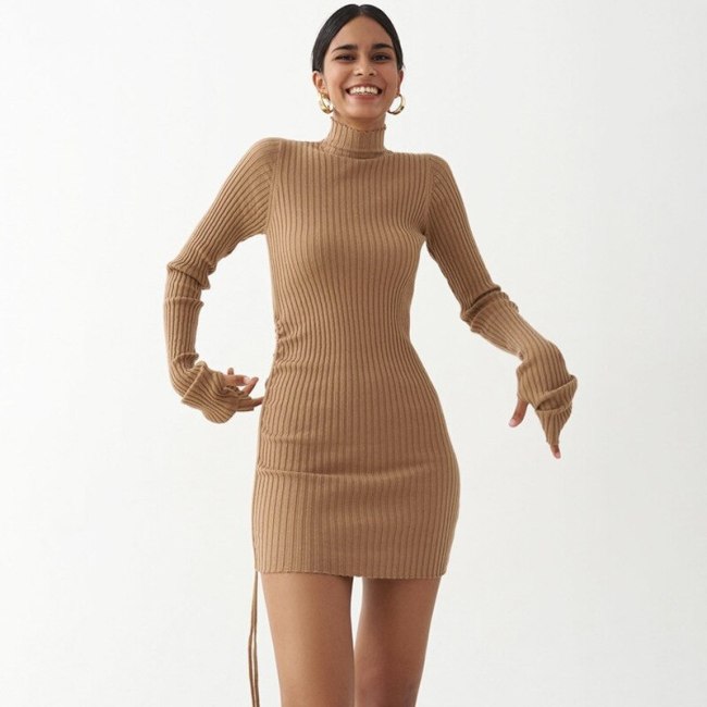 BOOFEENAA Sexy Solid Knitted Sweater Dresses for Women 2020 Autumn Winter High Neck Long Sleeve Bodycon Mini Dress C70-CE36