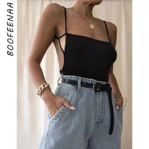 BOOFEENAA Sexy Backless Crop Top Women Fashion 2020 Going Out Night Club Cami Black White Ribbed Tank Tops Dropshipping C83-AE10