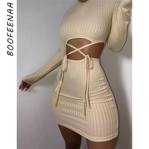 BOOFEENAA Sexy Woman Dress Autumn 2020 Clubwear Ribbed Knitted Hollow Out Lace Up Turtleneck Long Sleeve Bodycon Dress C83-CZ23