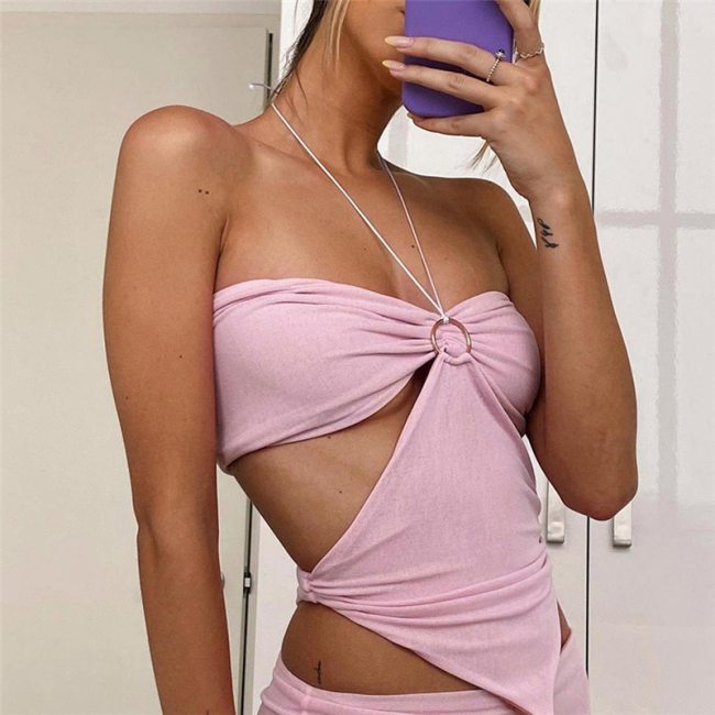 Cryptographic Summer Sexy Backless Halter Crop Tops Women Sleeveless Cut-Out Strapless Top Cropped Club Party Y2K Streetwear