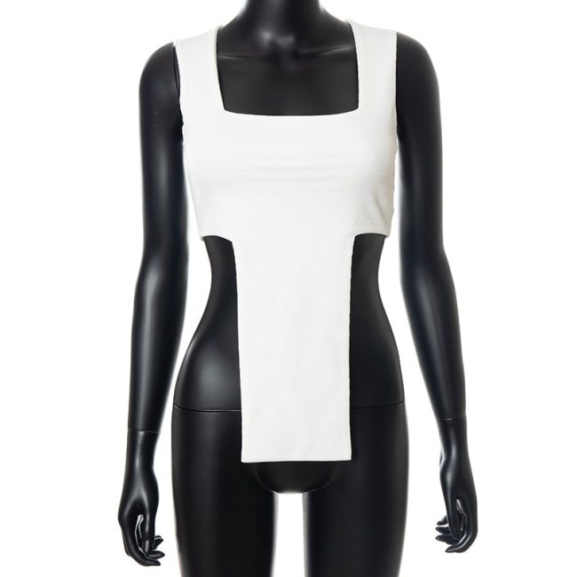 BOOFEENAA Sexy Square Collar Asymmetrical Tank Tops Womens Summer Shirts White Streetwear Fashion Crop Top 2021 C85-BZ11