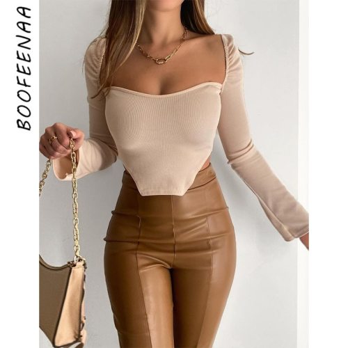 BOOFEENAA Elegant Sexy Solid Square Neck Long Sleeve T Shirts for Women Tops and Bloues Spring 2021 Ribbed Crop Top C85-AI17