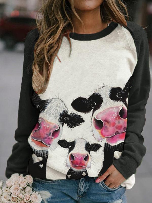 Ladies' fun cow print hit color casual long-sleeved sweatshirt