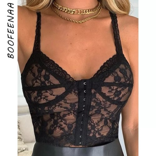 BOOFEENAA Sexy Summer Lace Corset Top Black White V Neck Backless Busiter Crop Top 2021 Womens Camisole Tank Tops C66-BG10