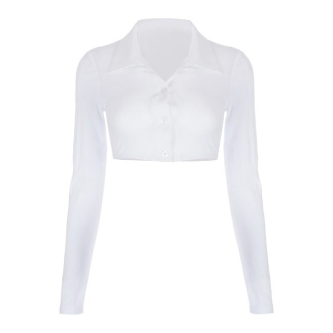 BOOFEENAA Sexy Sheer Mesh White T Shirts for Women Collared Button Up Long Sleeve Crop Tops Transparent Bodycon Blouse C85-BB10