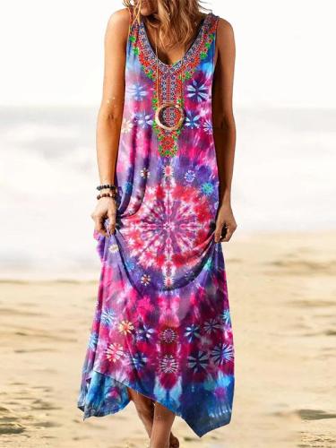 Ladies tie-dye ethnic print sleeveless loose dress
