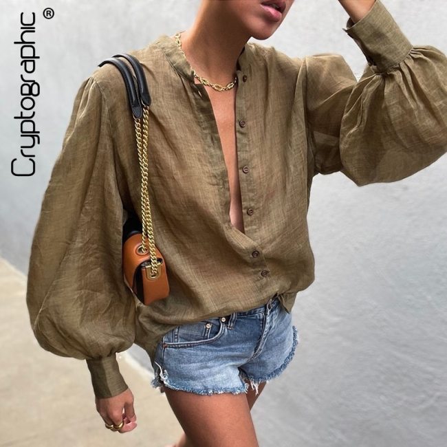 Cryptographic See Through Blouses Shirts Fashion Puff Sleeve Tops Button Up Shirt for Women Cardigan Casual Oversized Autumn