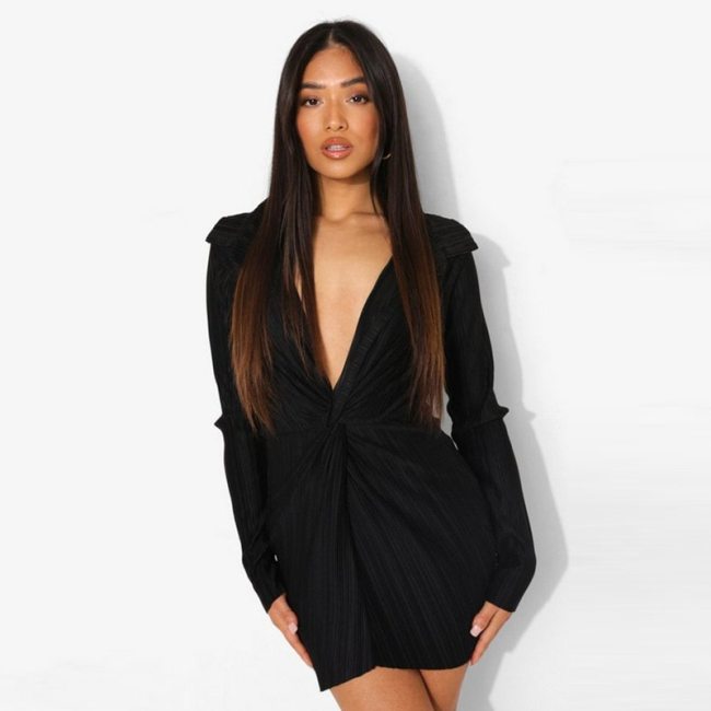BOOFEENAA Sexy Long Sleeve Deep V Neck Pleated Bodycon Dress Womans Fashion 2021 Fall Party Clubwear Elegant Outfits C85-CF21