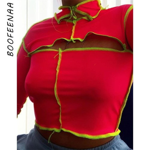BOOFEENAA Y2k Tops Woman Tshirts Sexy Fitted Cropped Tees Contrast Stitch Hollow Out Long Sleeve Crop Top Fall 2020 C15-BB12