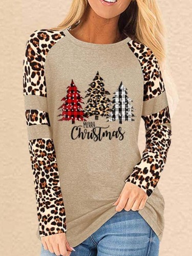 Ladies Merry Christmas Wood Leopard Print Top