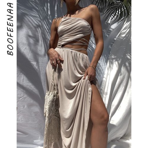 BOOFEENAA Sexy One Shoulder Strappy Hollow Out Open Back Maxi Dress Cute Vacation Summer Outfits for Women Party Gowns C83-DZ37