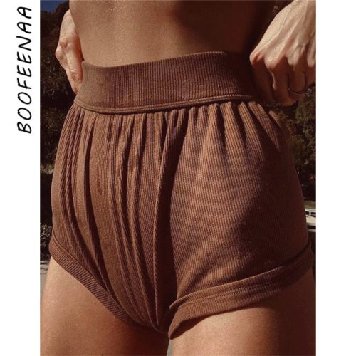 BOOFEENAA Knit High Waisted Athletic Booty Shorts Women Sexy Bottoms Pants Casual Wear Summer Clothes 2021 White Brown C87-AF13