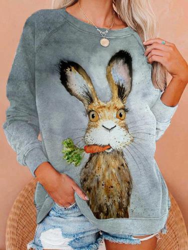Ladies Rabbit and Carrot Watercolor Print Sweatshirt