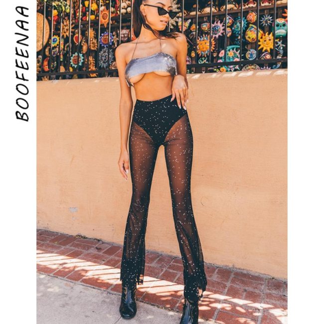 BOOFEENAA Glitter Black Mesh Sexy Flare Pants Streetwear Rave Bottoms See Through Beach Bell Bottom Pants Summer 2020 C66-I76