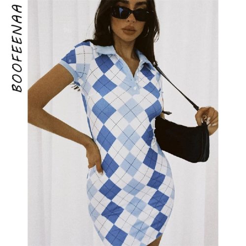 BOOFEENAA Blue Plaid Short Sleeve Bodycon Dress Summer Clothes for Women 2021 Argyle Y2k Vintage Sexy Mini Dresses C82-CC21