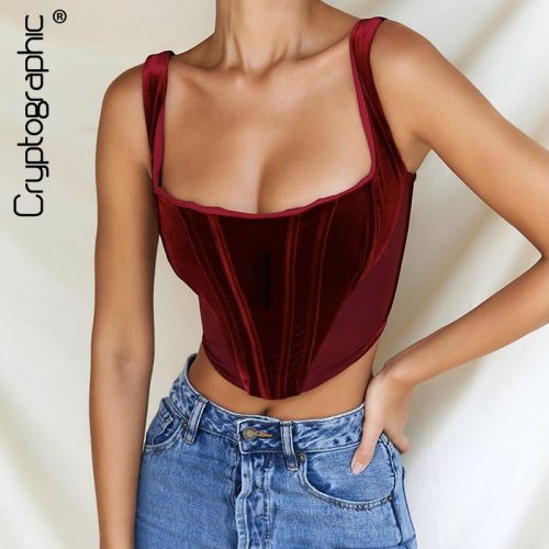 Cryptographic Velvet Fashion Corset Crop Tops Elegant Sleeveless Bustier Straps Cropped Feminino Straps Top Vest Streetwear