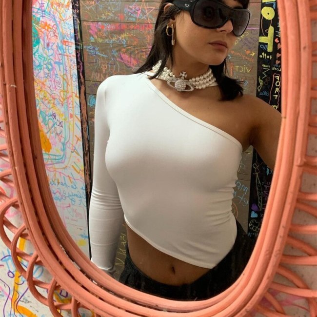Cryptographic Elegant One Shoulder Long Sleeve Women's Top Fashion White Sexy Bandage Cropped Top Basic Solid Streetwear Clothes