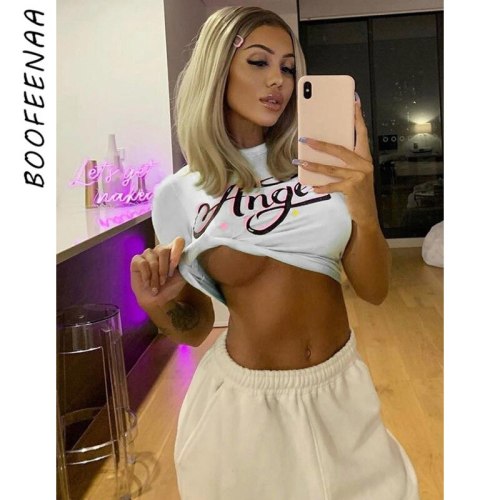 BOOFEENAA Angel Letter Print Graphic T Shirts 2020 Summer Clothes for Women Cute Sexy White Short Sleeve Crop Top T Shirt C98H69