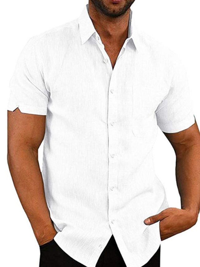 Męska koszula z krótkim rękawem, zapinana na guziki z bawełny i lnu