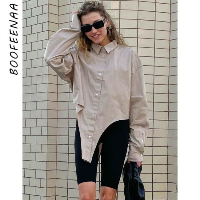 BOOFEENAA Asymmetrical Oversized Sexy Shirts for Women Clothing Streetwear Casual White Blouses Long Sleeve Tops C85-DB20