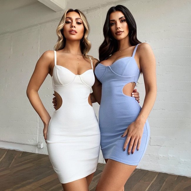 BOOFEENAA Sexy Summer Dresses Solid Color Ribbed Side Hollow Out Bodycon Mini Dress 2021 Trend Fashion Women Club Wear C76-BF17