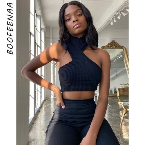 BOOFEENAA Sexy One Shoulder Halter Crop Tops for Women White Black Ribbed Knitted Tank Top Vest Party Club Wear C71-BZ10