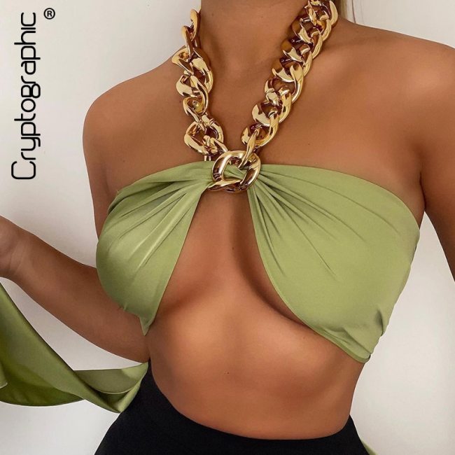 Cryptographic Chic Fashion Metal Chain Halter Crop Tops for Women Sleeveless Backless Wrap Chest Cropped Top Basic Summer 2021