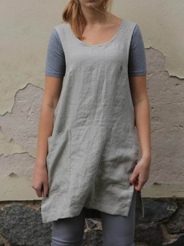 Women's Cotton And Linen Split Vest Dress,linen Work Dress With Pockets