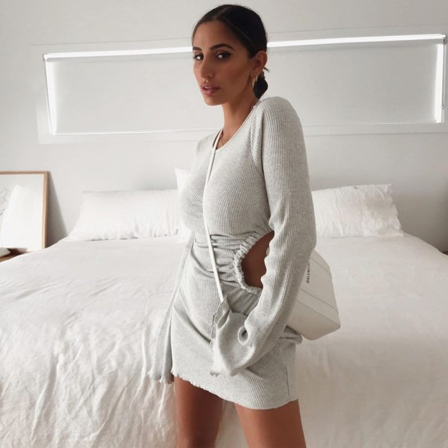 Cryptographic Autumn Draped Flare Sleeve Cut-Out Mini Dresses Knitting Round Neck Ruched Dress Skinny Chic Casual Streetwear