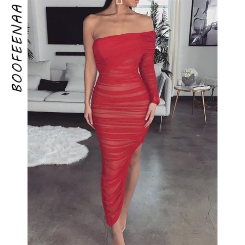 BOOFEENAA Red Nude Mesh Ruched Slit Bodycon One Shoulder Long Sleeve Dress Autumn 2019 Party Long Dresses Elegant C92-AE51