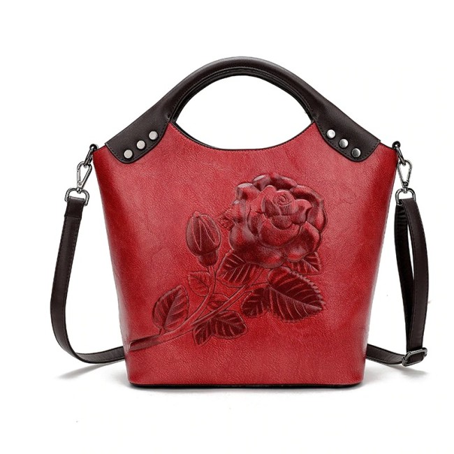 Women Handbag Rose Print Leather Large Capacity Shoulder Bag