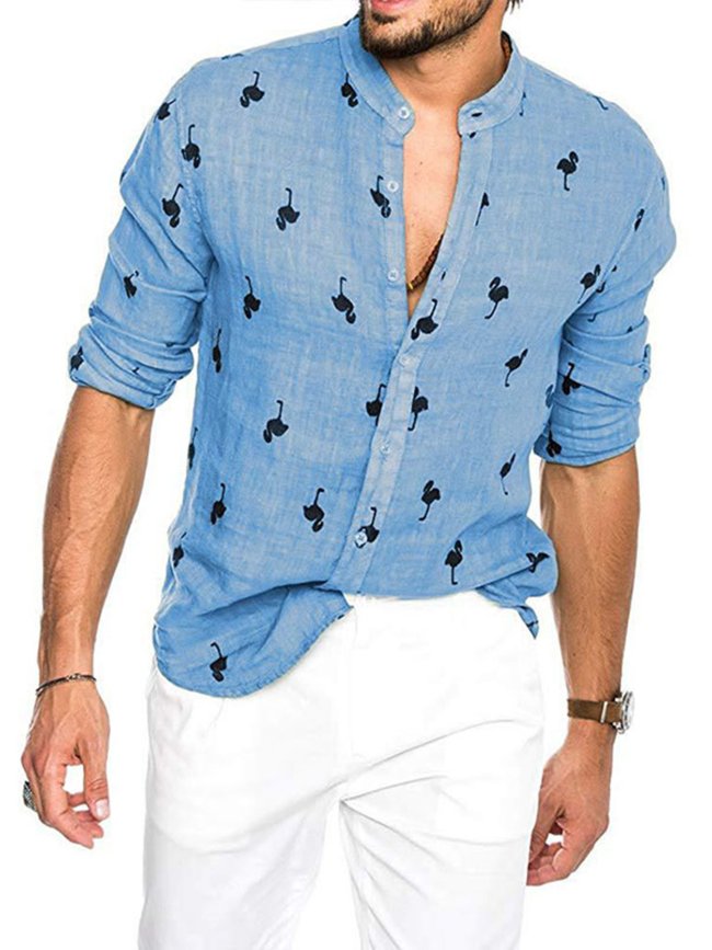 Men's Flamingo Print Cotton and Linen Button Up Shirt