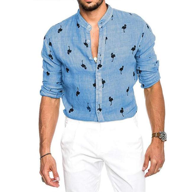 Men's Flamingo Print Cotton and Linen Button Up Shirt