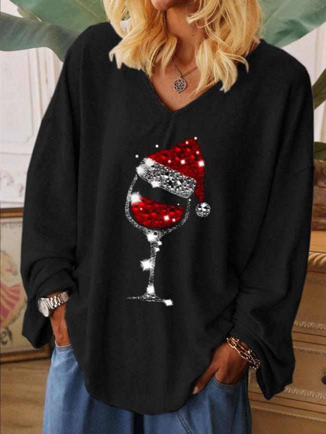Ladies Christmas wine glass print shirt