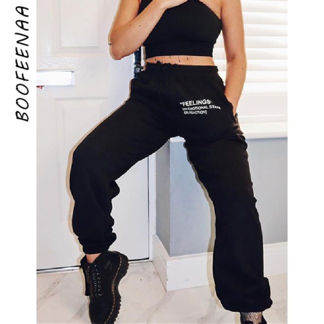 BOOFEENAA Feeling Letter Print Fashion Sweatpants Women Clothes Streetwear Joggers Comfortable Hight Waist Harem Pants C76-DZ37