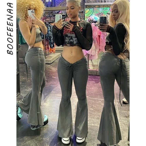 BOOFEENAA Sexy Draw String Low Rise Stretchy Flare Pants Womans Fashion 2021 Streetwear Women Y2k Gray Sweatpants C85-CE27