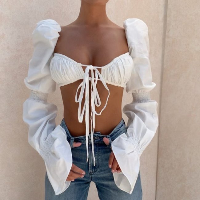 Cryptographic Shirred White Puff Sleeve Tie Front Top Women Blouse Shirts Elegant Hot Sexy Backless Crop Tops Fashion Blusas