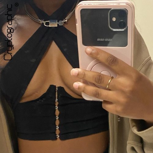 Cryptographic Breasted Sexy Halter Wrap Crop Tops Women Summer Sleeveless Club Party Backless Cut-Out Top Cropped Streetwear